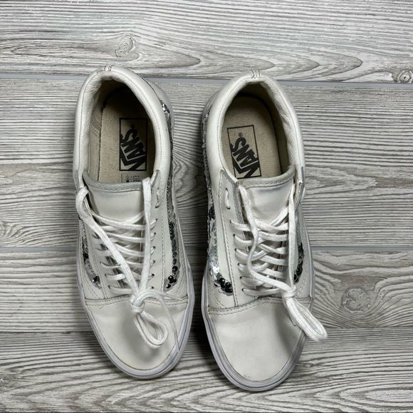 Vans Old Skool White Leather Sequins Stripe Sneaker Shoe - Women's 8 - Picture 7 of 8